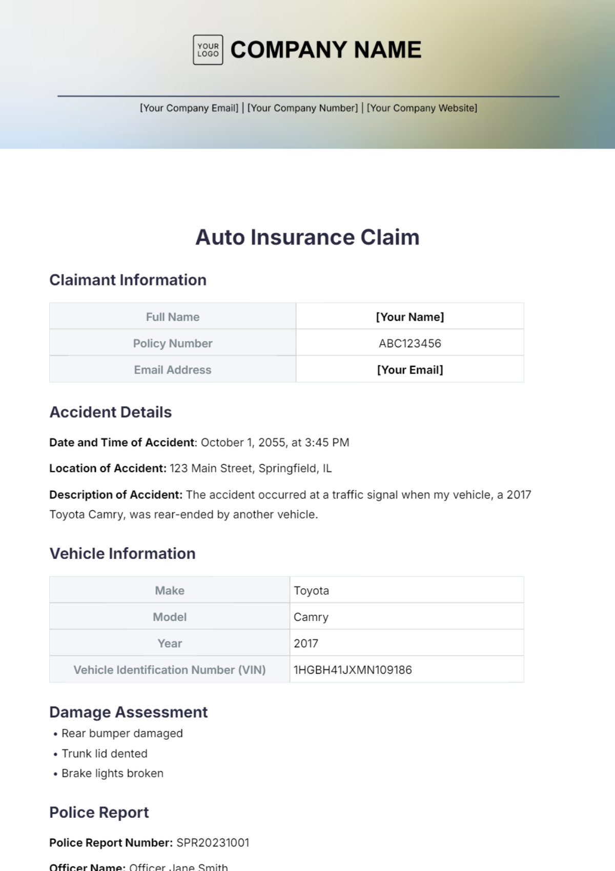 Auto Insurance Claim Template - Edit Online & Download