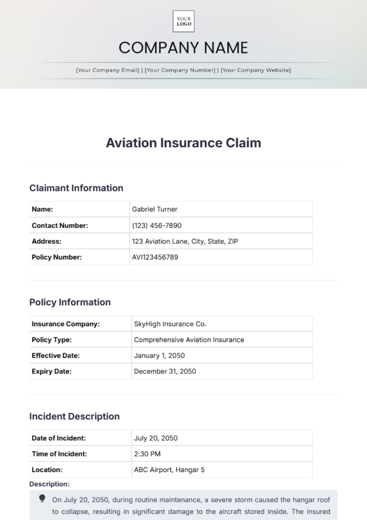 Aviation Insurance Claim Template - Edit Online & Download