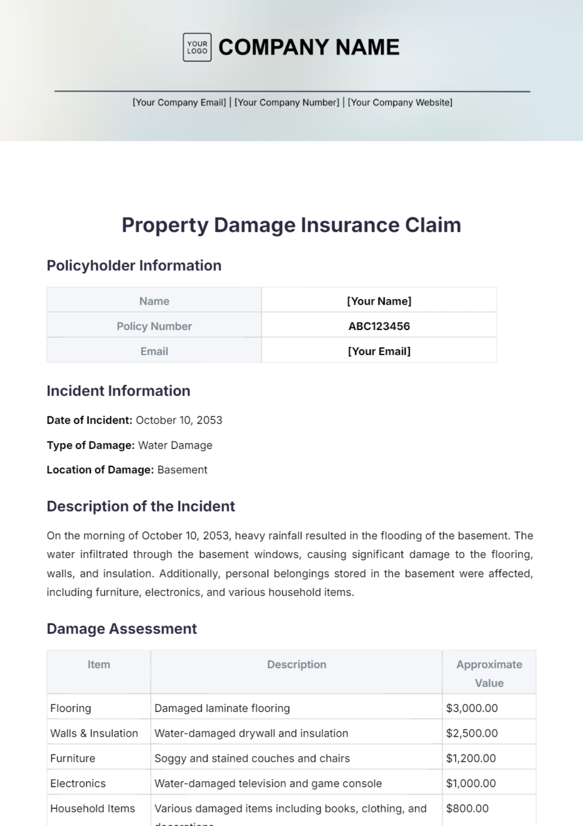 Property Damage Insurance Claim Template - Edit Online & Download