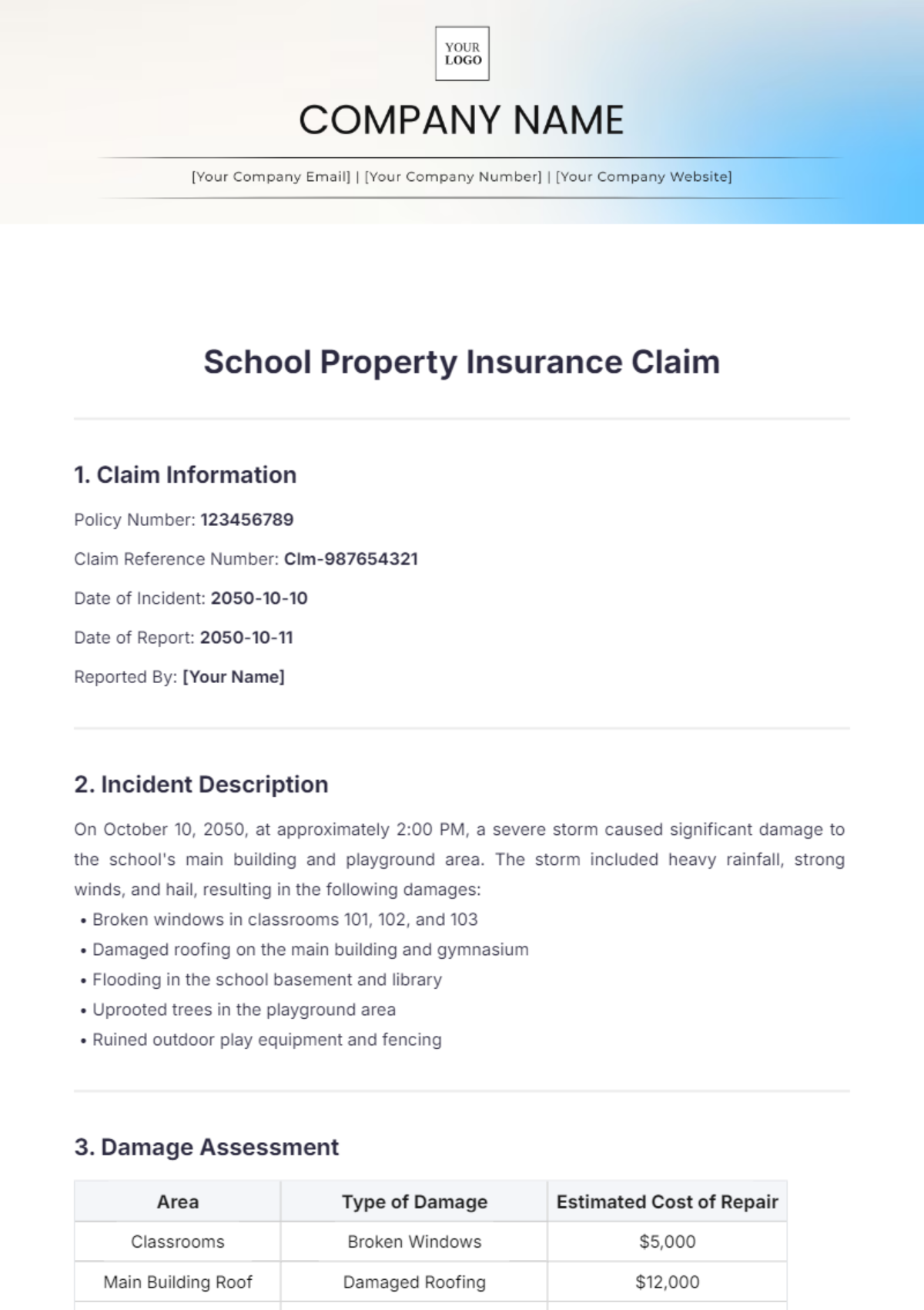 School Property Insurance Claim Template - Edit Online & Download