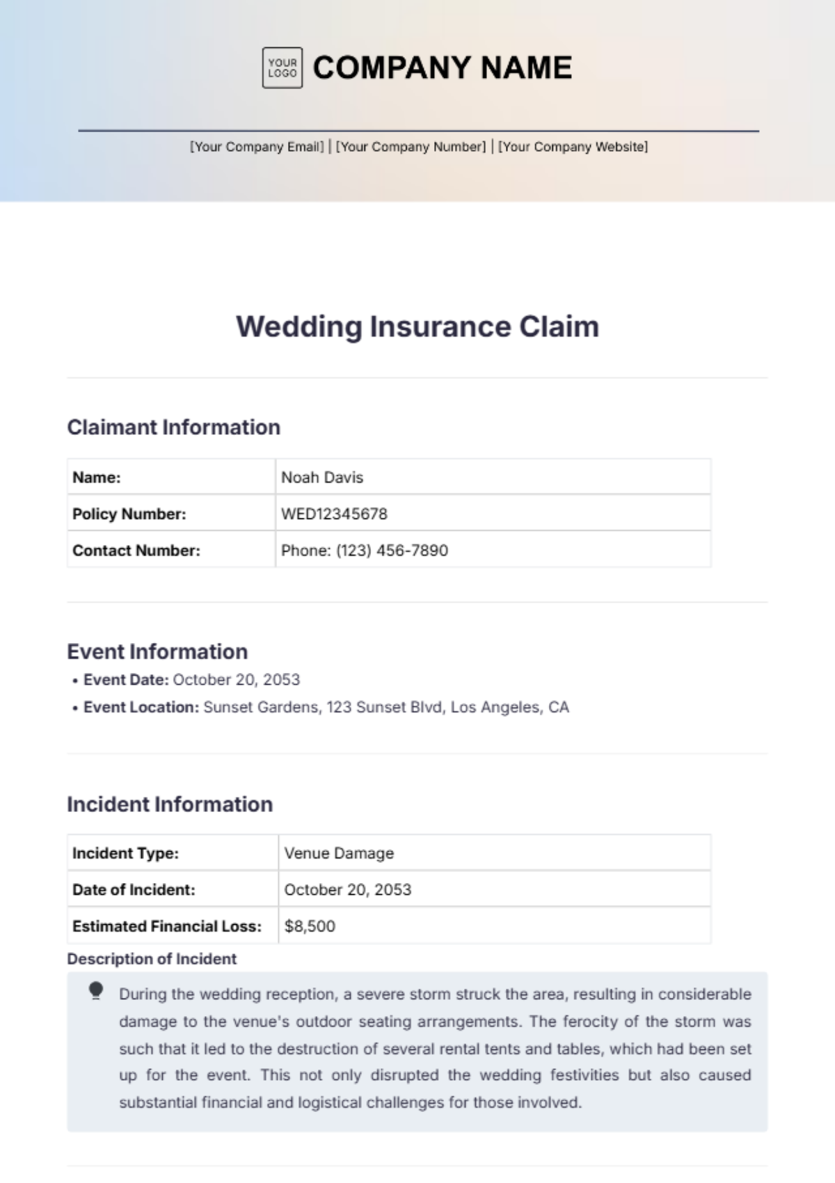 Wedding Insurance Claim Template - Edit Online & Download