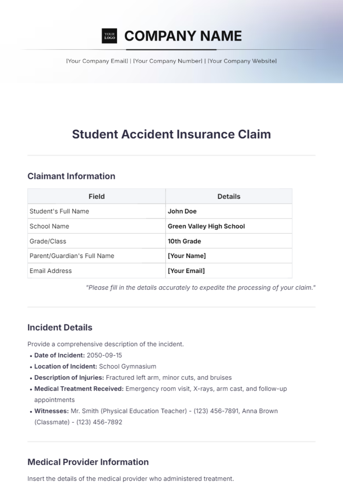 Student Accident Insurance Claim Template - Edit Online & Download