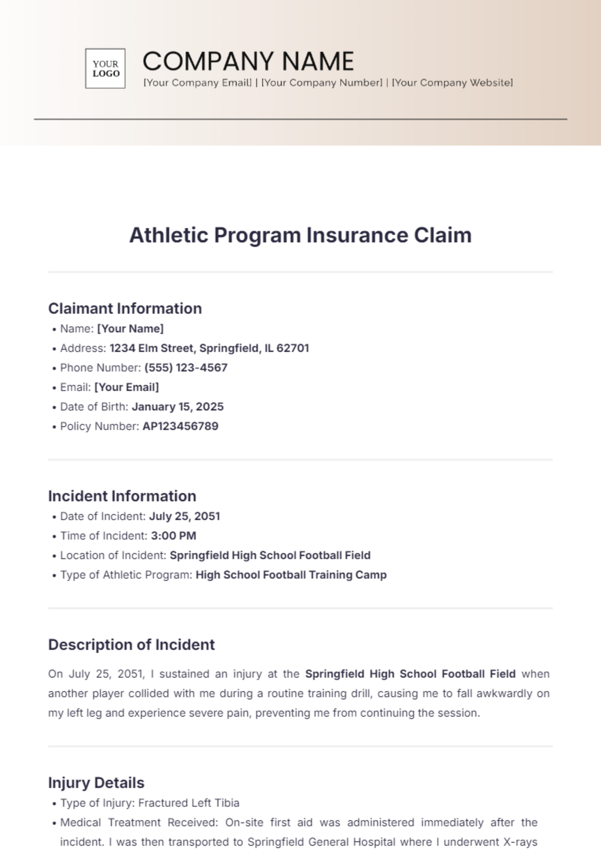 Athletic Program Insurance Claim Template - Edit Online & Download