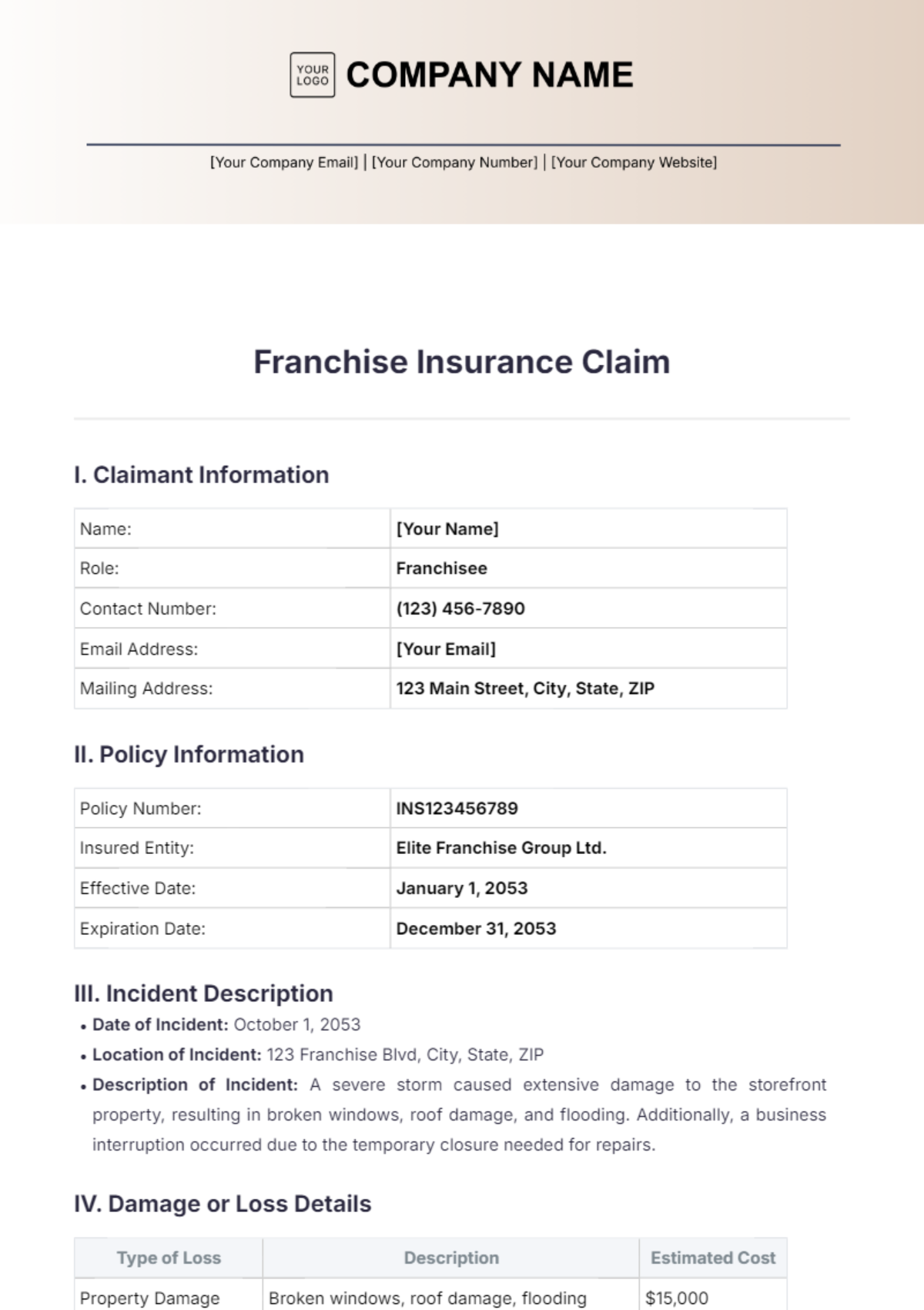 Franchise Insurance Claim Template - Edit Online & Download