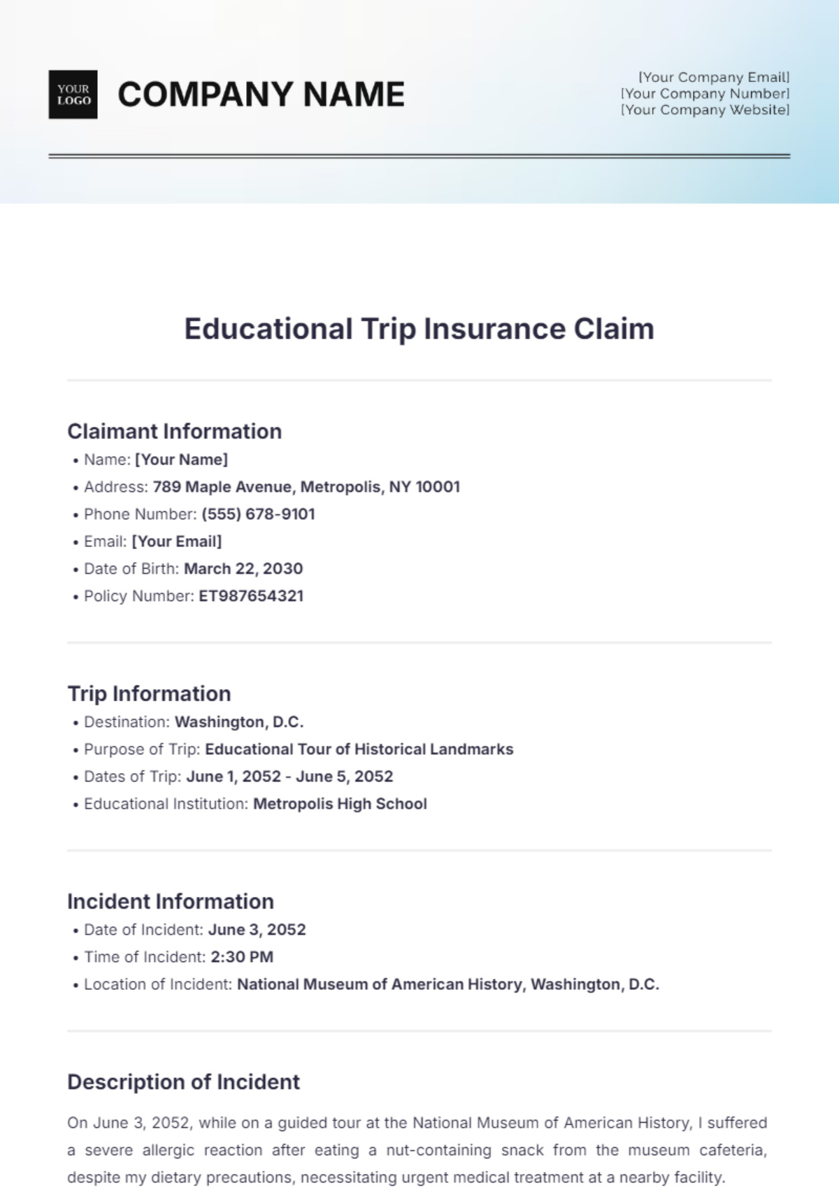 Educational Trip Insurance Claim Template - Edit Online & Download