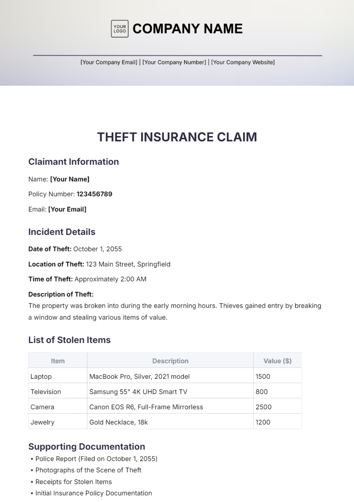 Theft Insurance Claim Template - Edit Online & Download