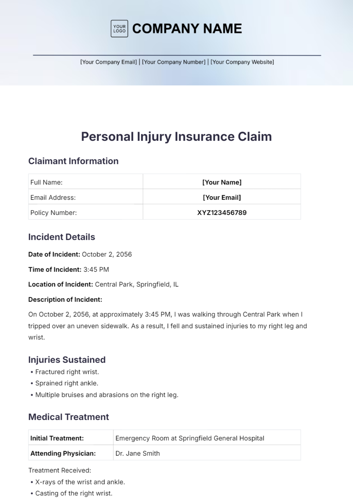 Personal Injury Insurance Claim Template - Edit Online & Download