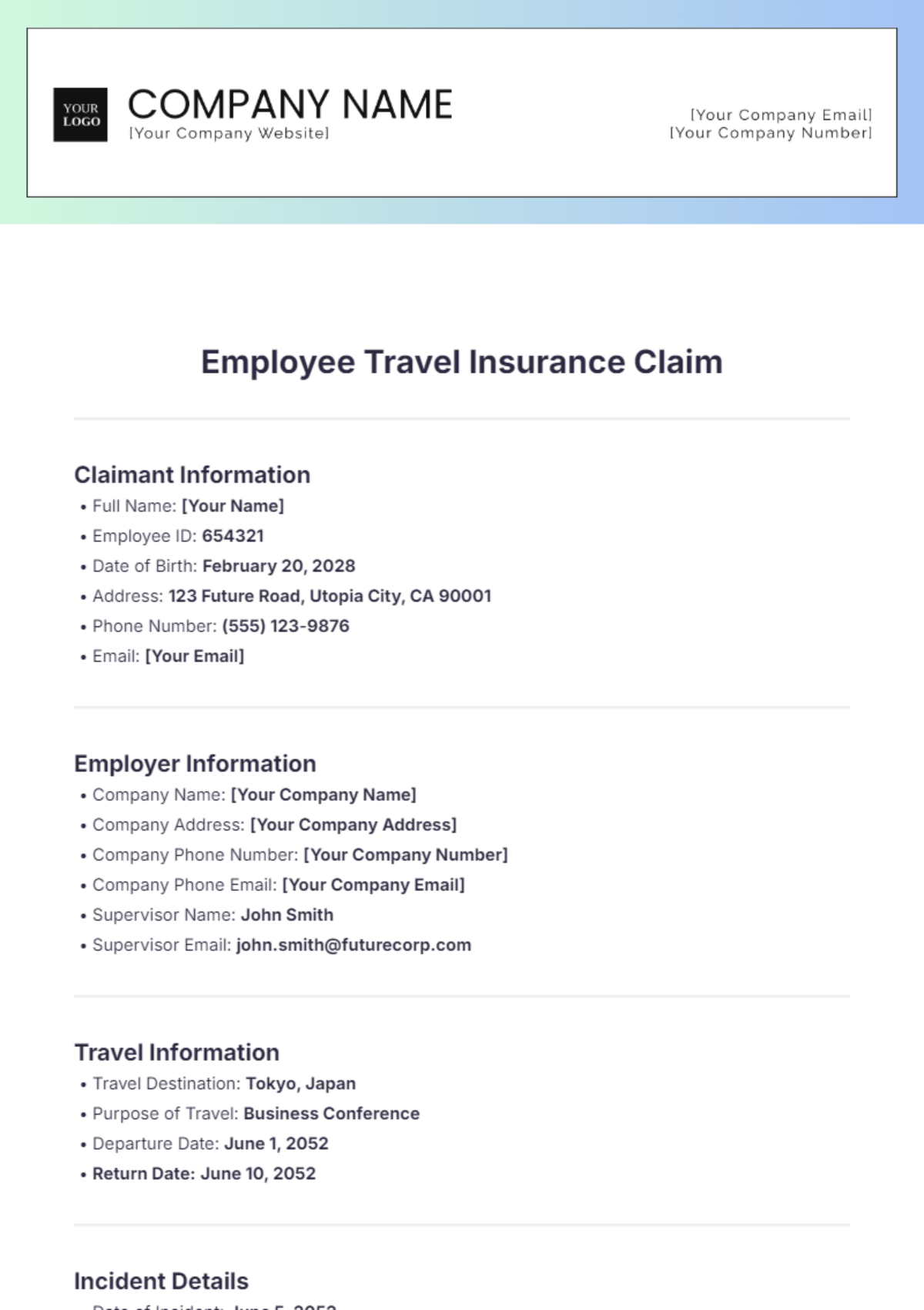 Employee Travel Insurance Claim Template - Edit Online & Download