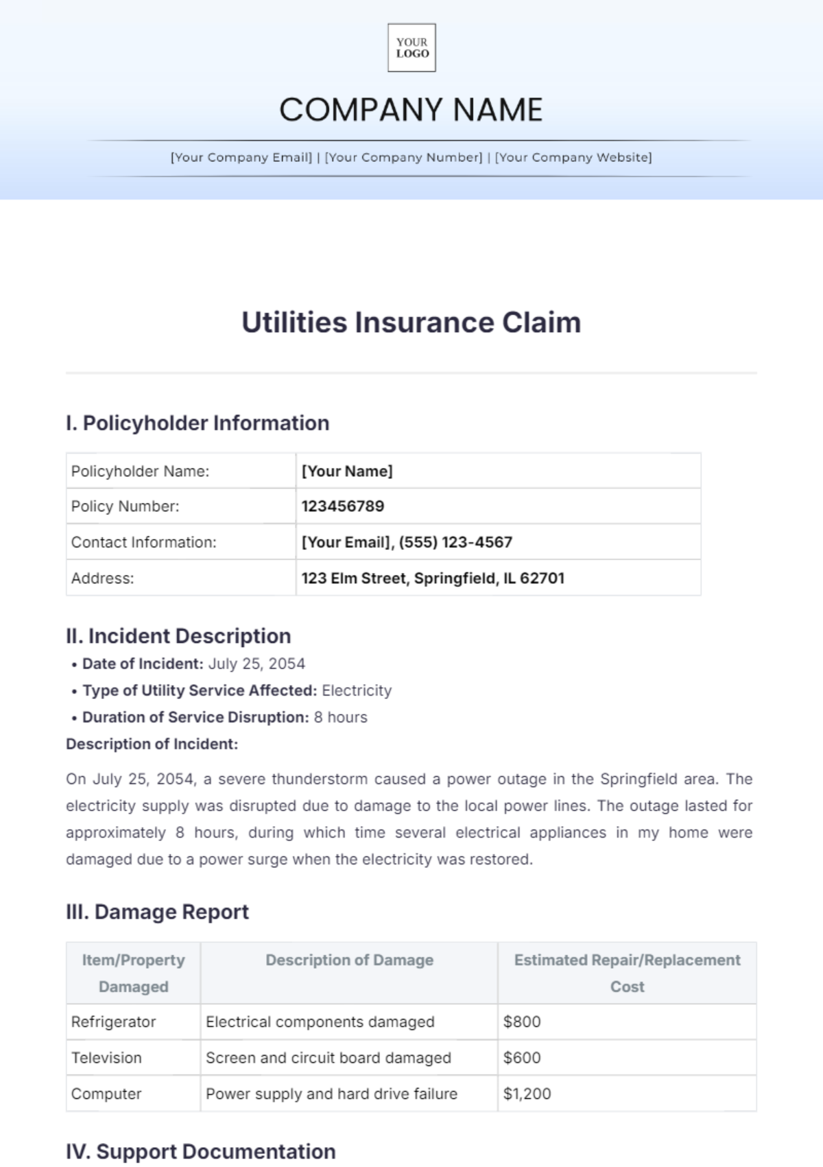 Utilities Insurance Claim Template - Edit Online & Download