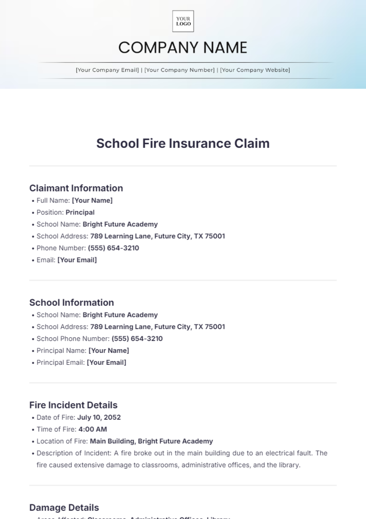 School Fire Insurance Claim Template - Edit Online & Download