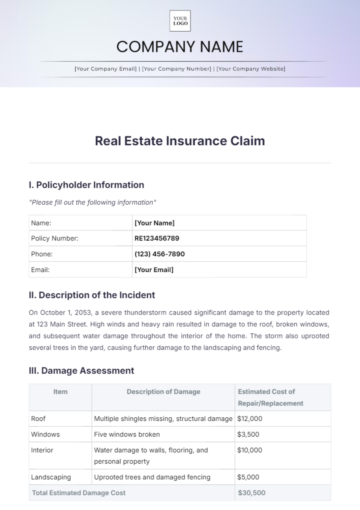 Real Estate Insurance Claim Template - Edit Online & Download