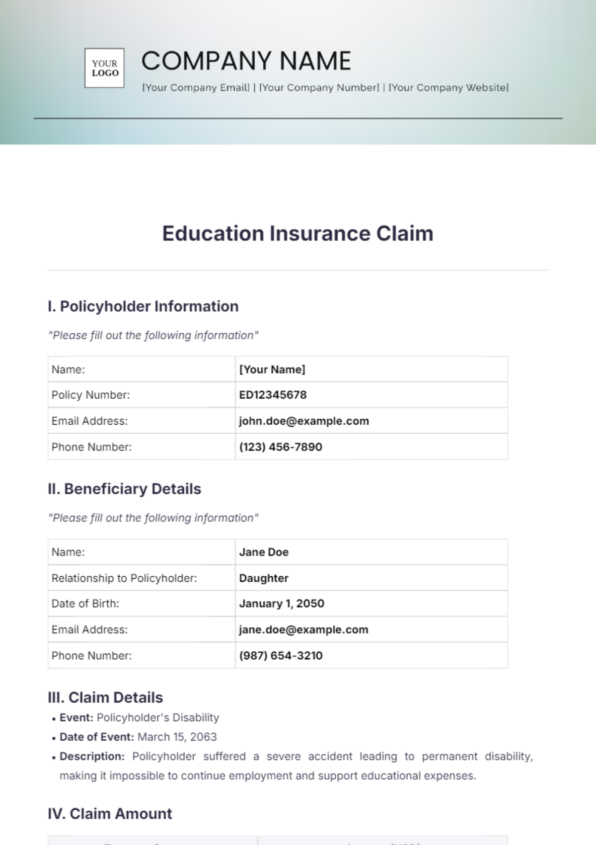 Education Insurance Claim Template - Edit Online & Download