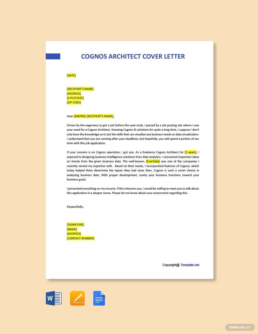 Cognos Architect Cover Letter in Word, Google Docs, PDF, Apple Pages
