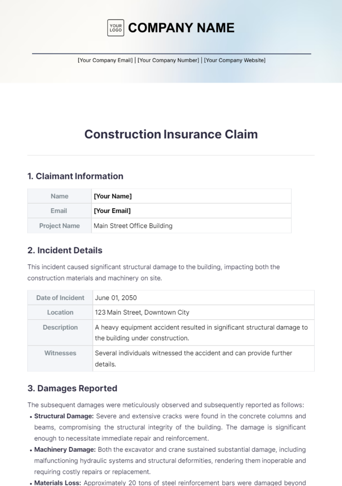 Construction Insurance Claim Template - Edit Online & Download