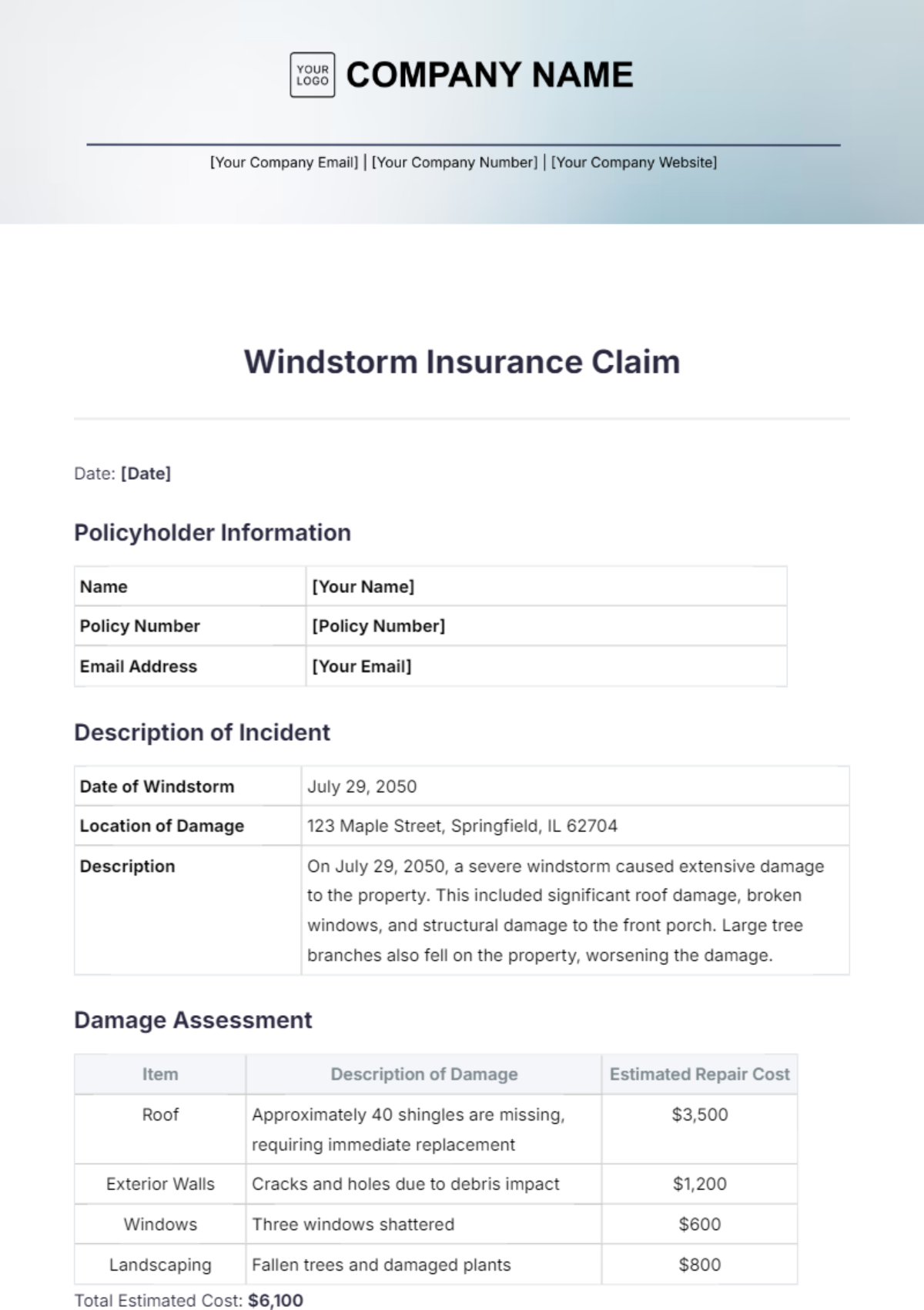 Windstorm Insurance Claim Template - Edit Online & Download