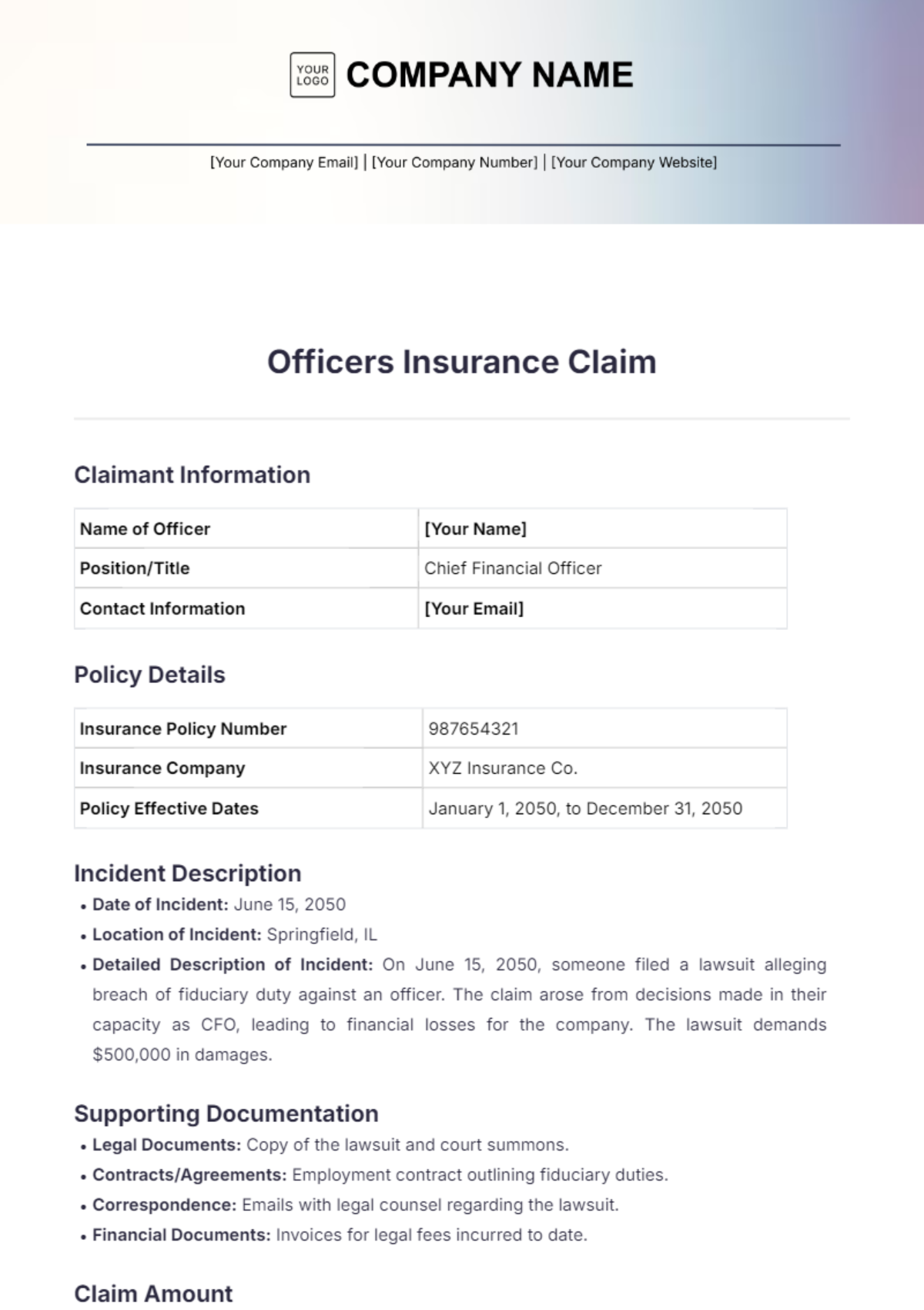 Officers Insurance Claim Template - Edit Online & Download