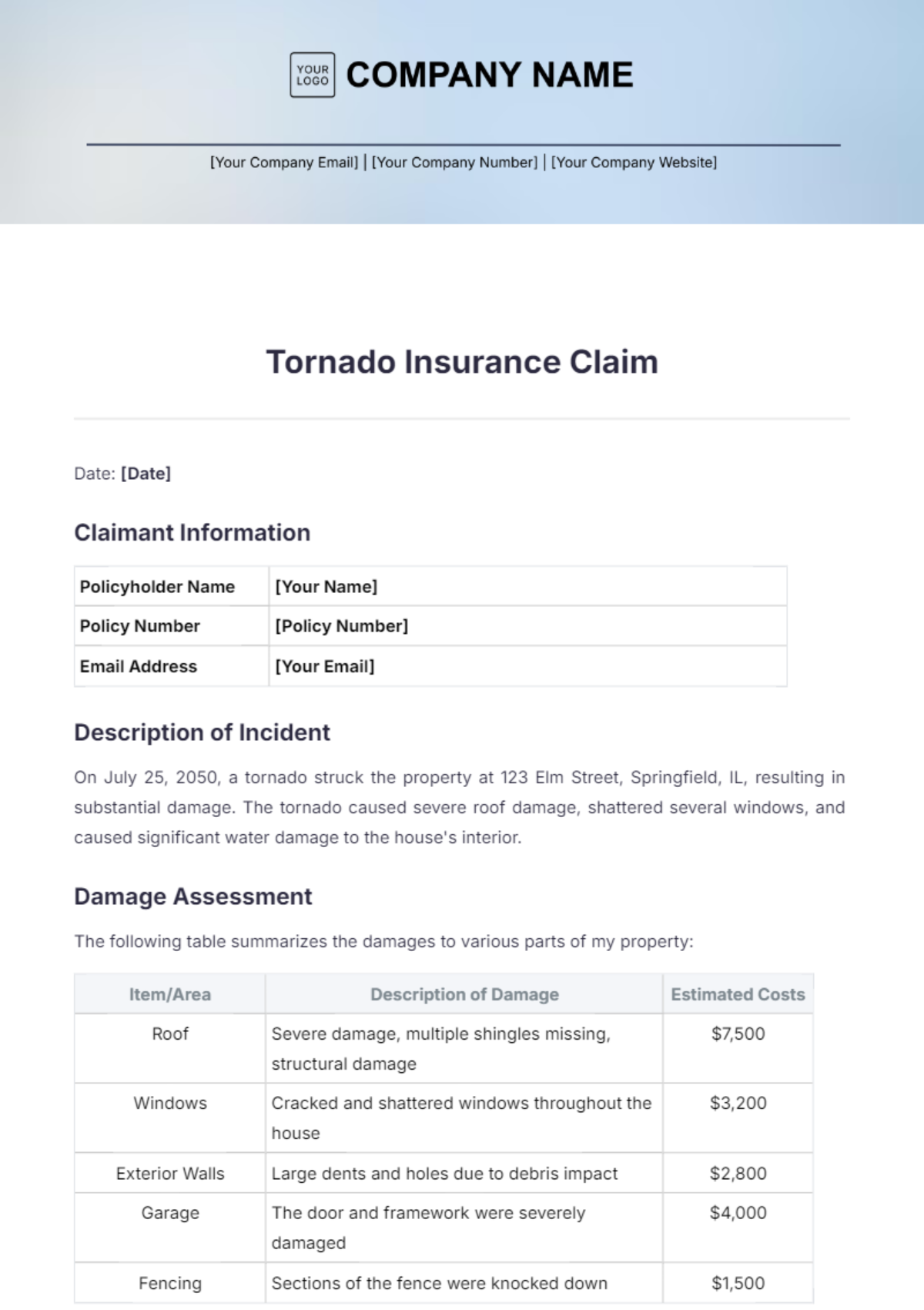 Tornado Insurance Claim Template - Edit Online & Download