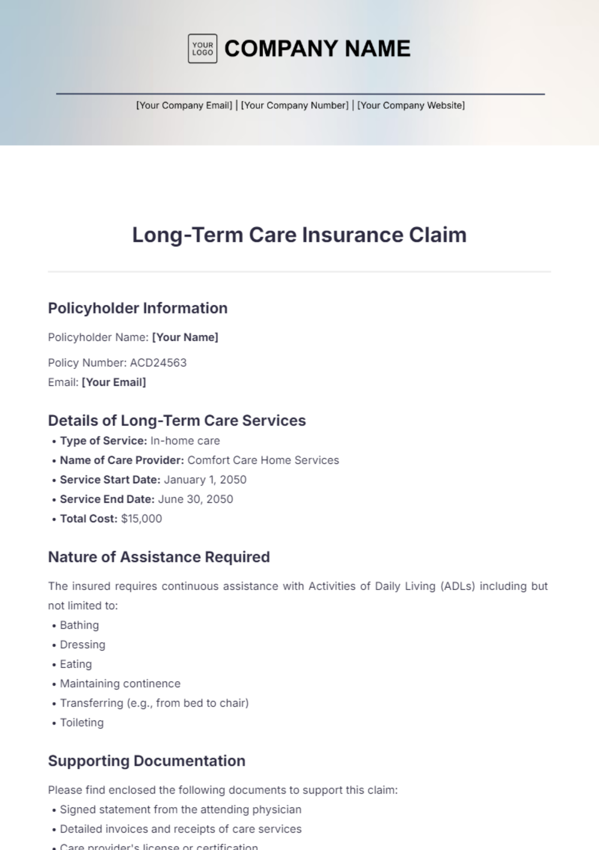 Long-Term Care Insurance Claim Template - Edit Online & Download