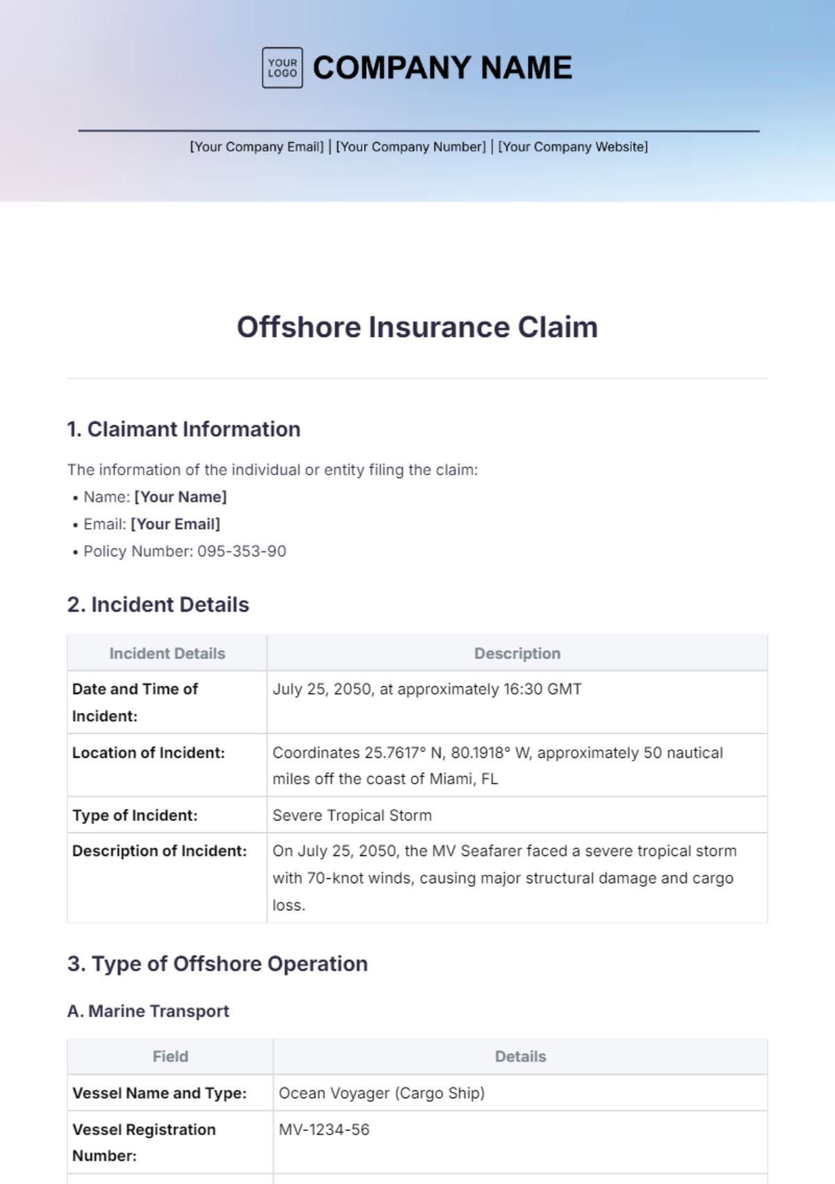 Offshore Insurance Claim Template - Edit Online & Download