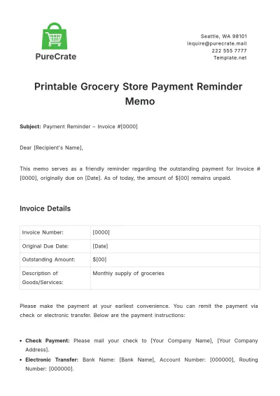 Free Printable Grocery Store Payment Reminder Memo Template to Edit Online
