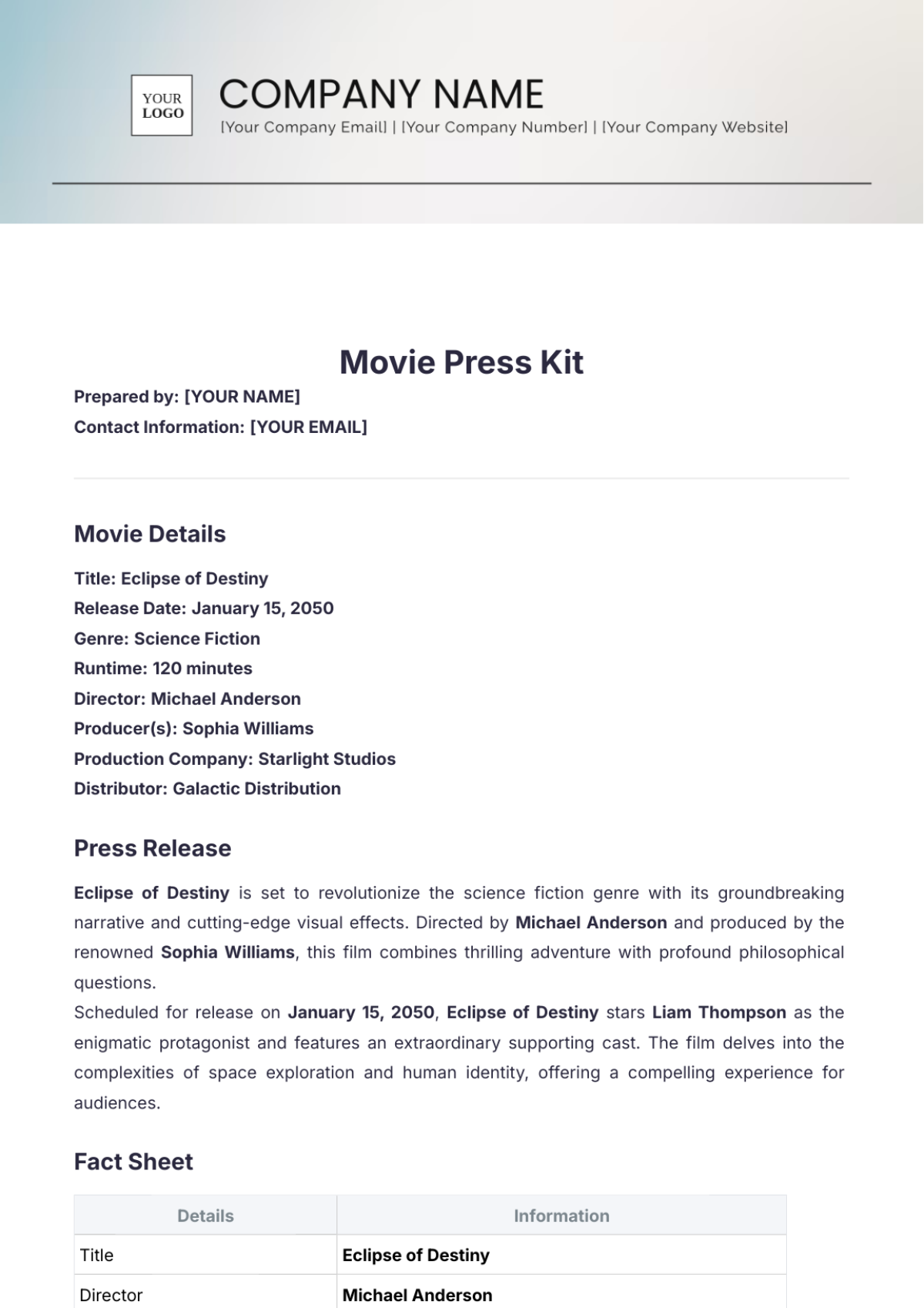 Movie Press Kit Template - Edit Online & Download