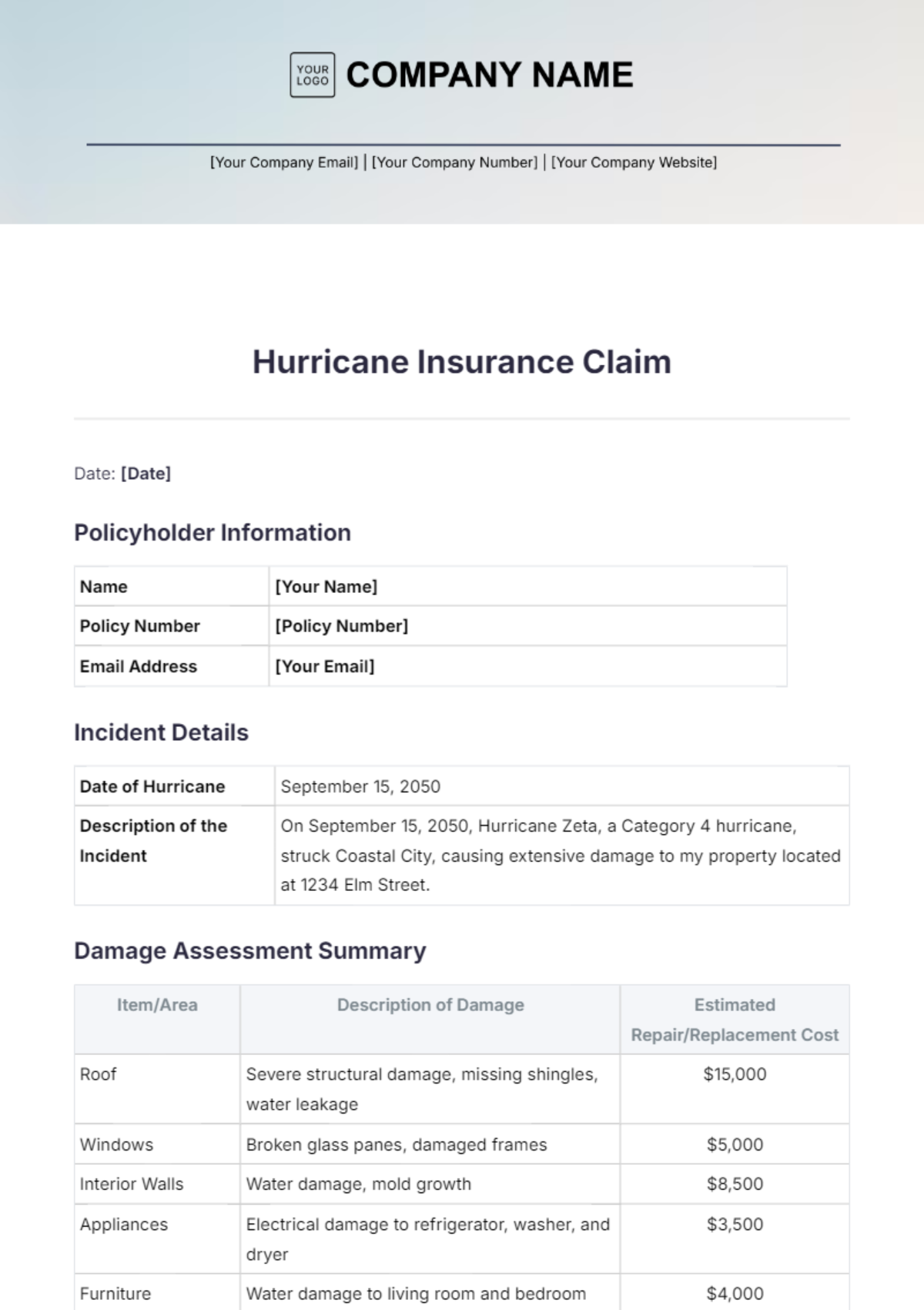 Hurricane Insurance Claim Template - Edit Online & Download