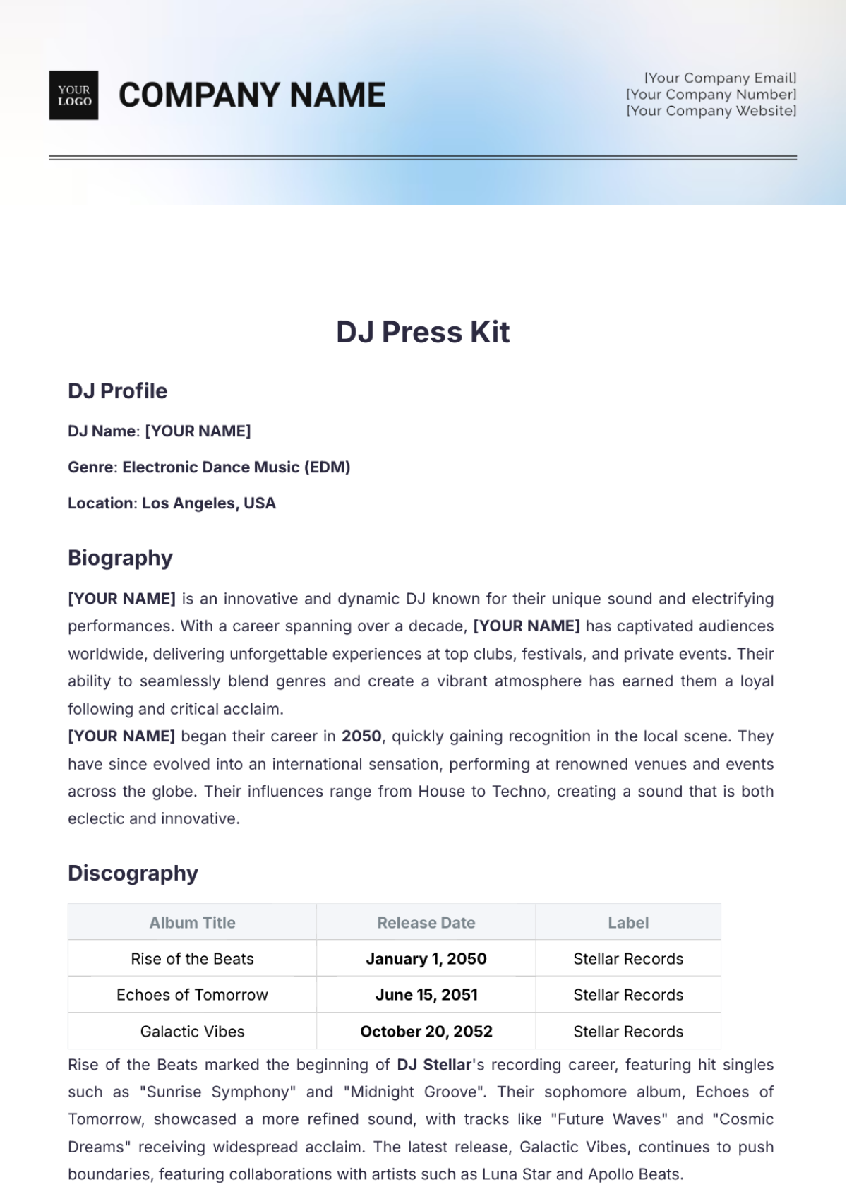 DJ Press Kit Template - Edit Online & Download