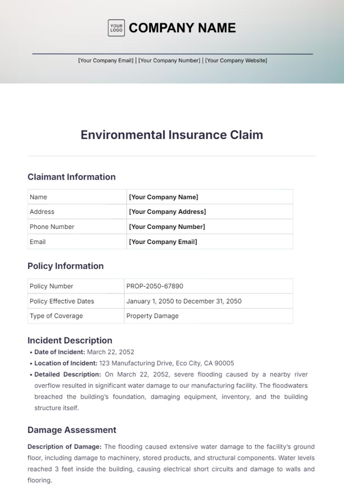 Environmental Insurance Claim Template - Edit Online & Download