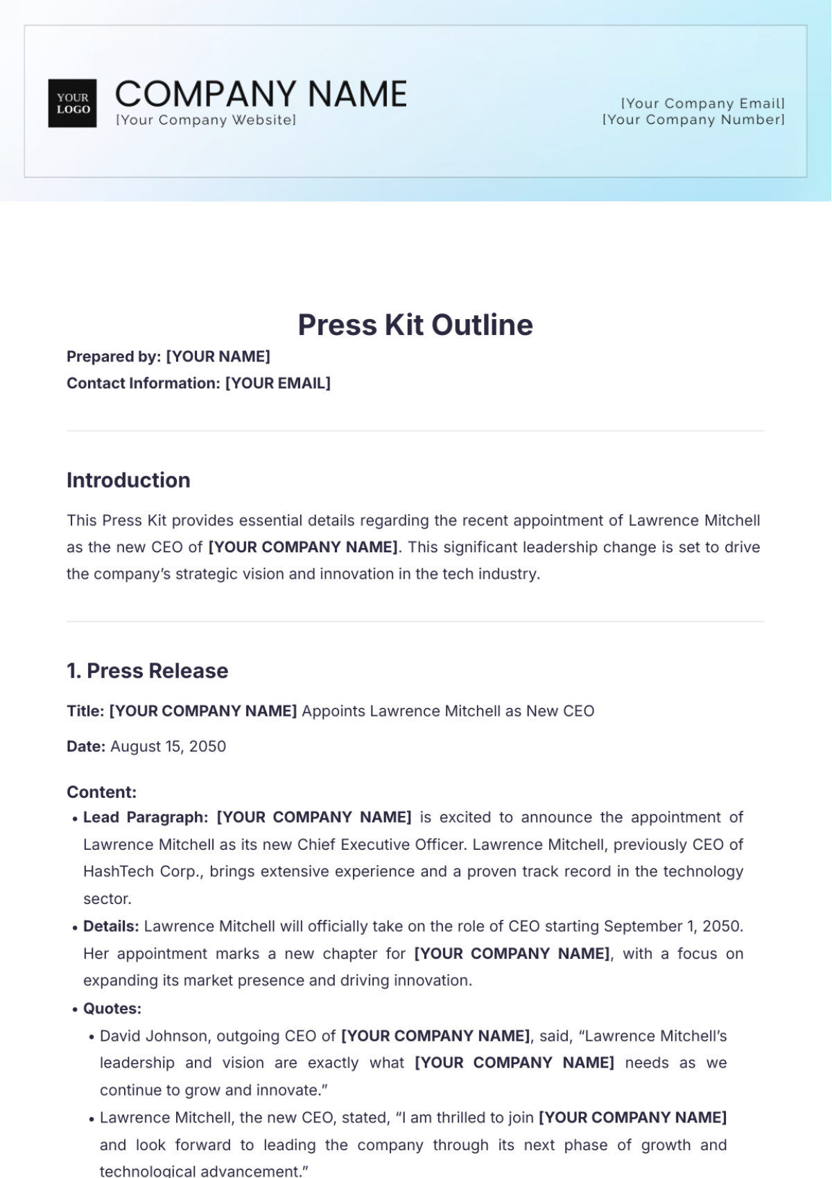 Press Kit Outline Template - Edit Online & Download