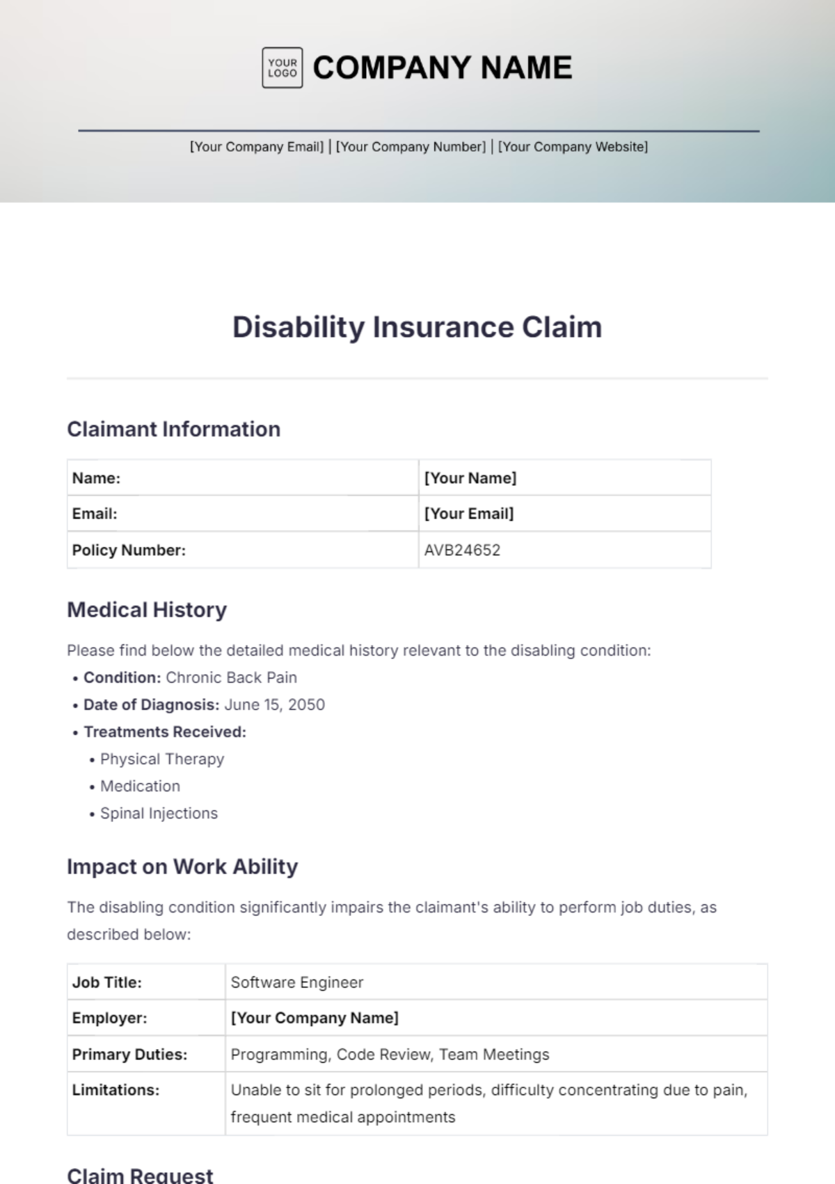 Disability Insurance Claim Template - Edit Online & Download