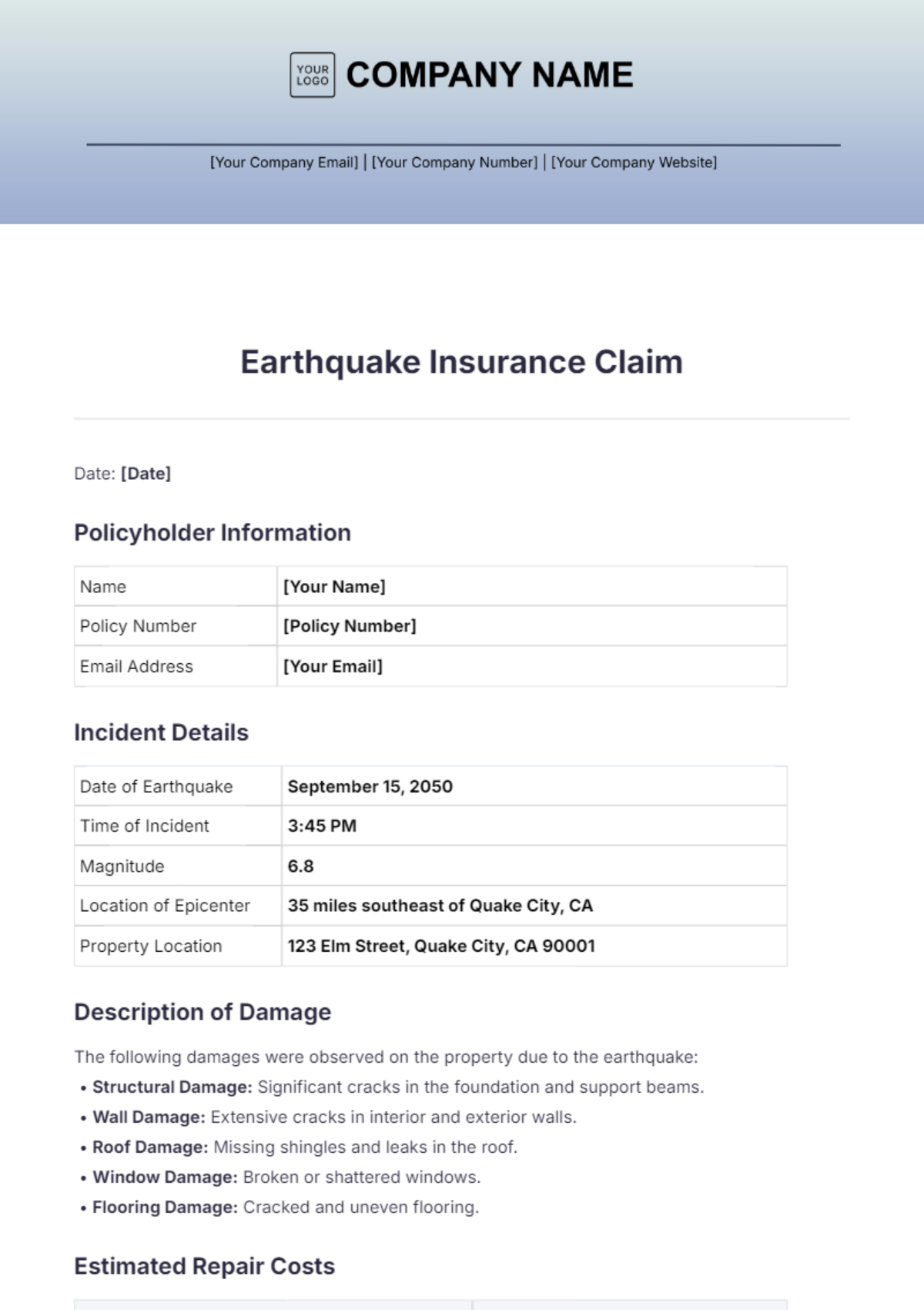 Earthquake Insurance Claim Template - Edit Online & Download