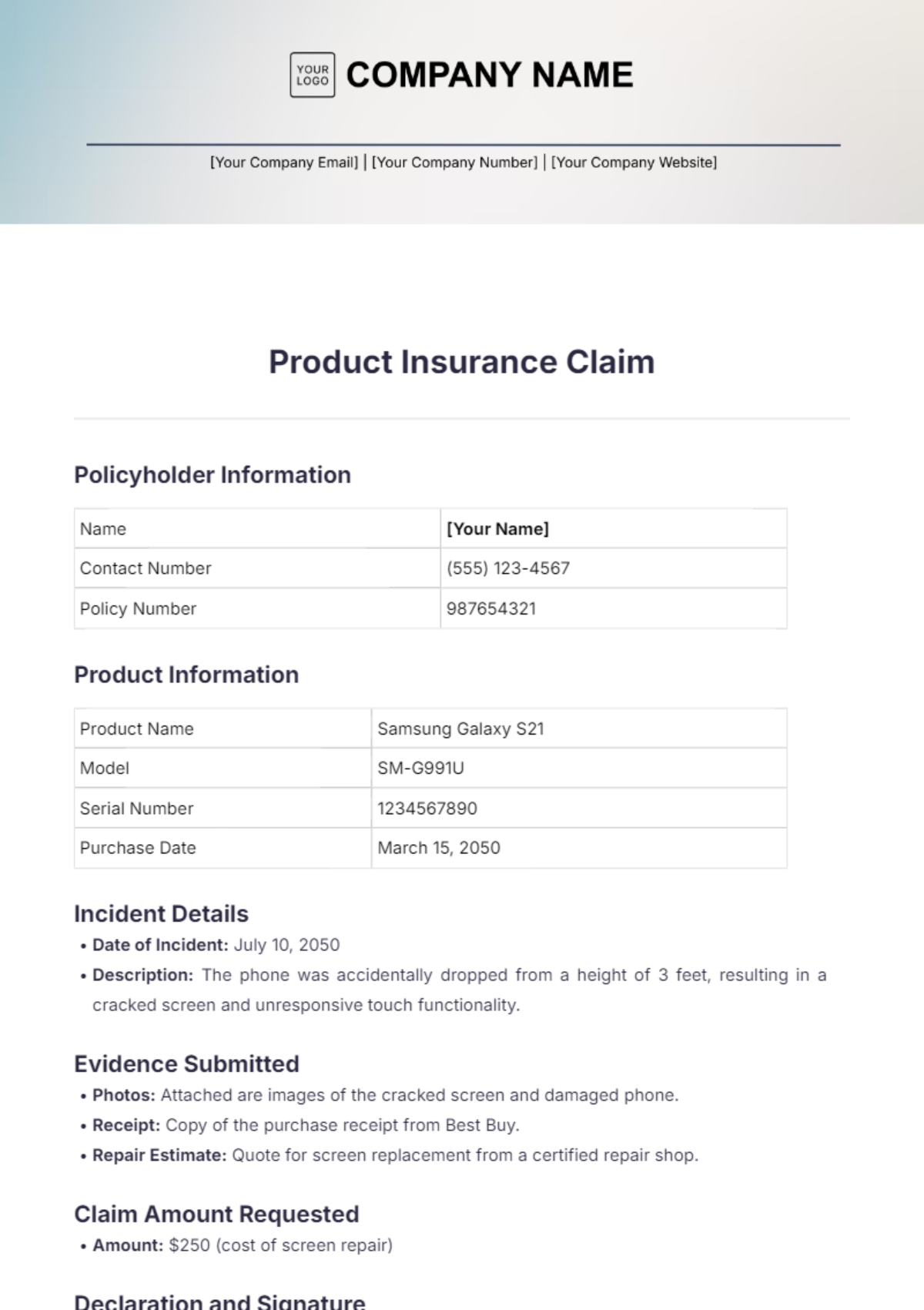 Product Insurance Claim Template - Edit Online & Download