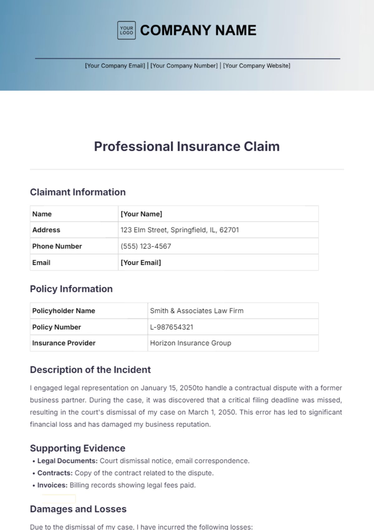 Professional Insurance Claim Template - Edit Online & Download