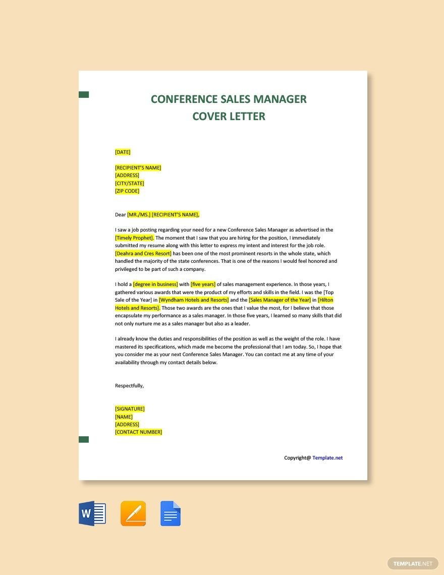 Free Conference Sales Manager Cover Letter Template