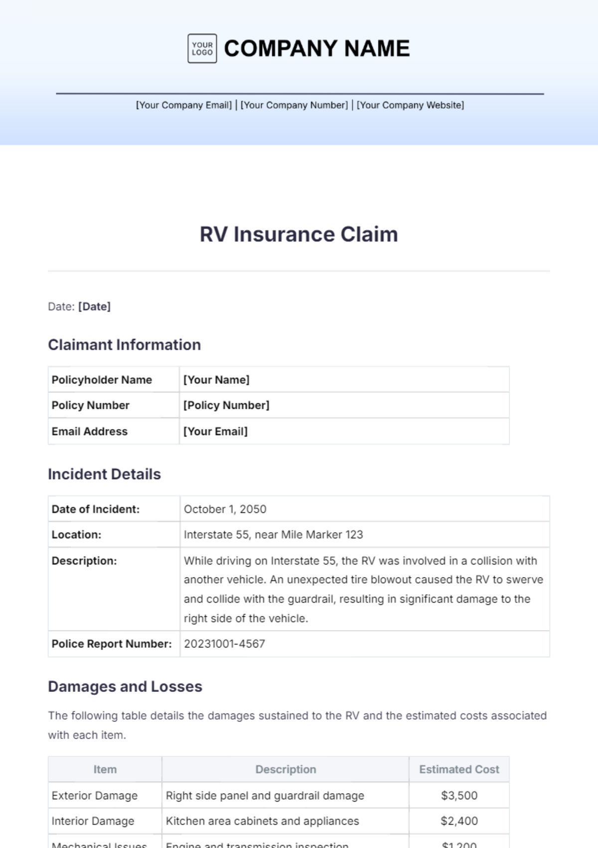 RV Insurance Claim Template - Edit Online & Download