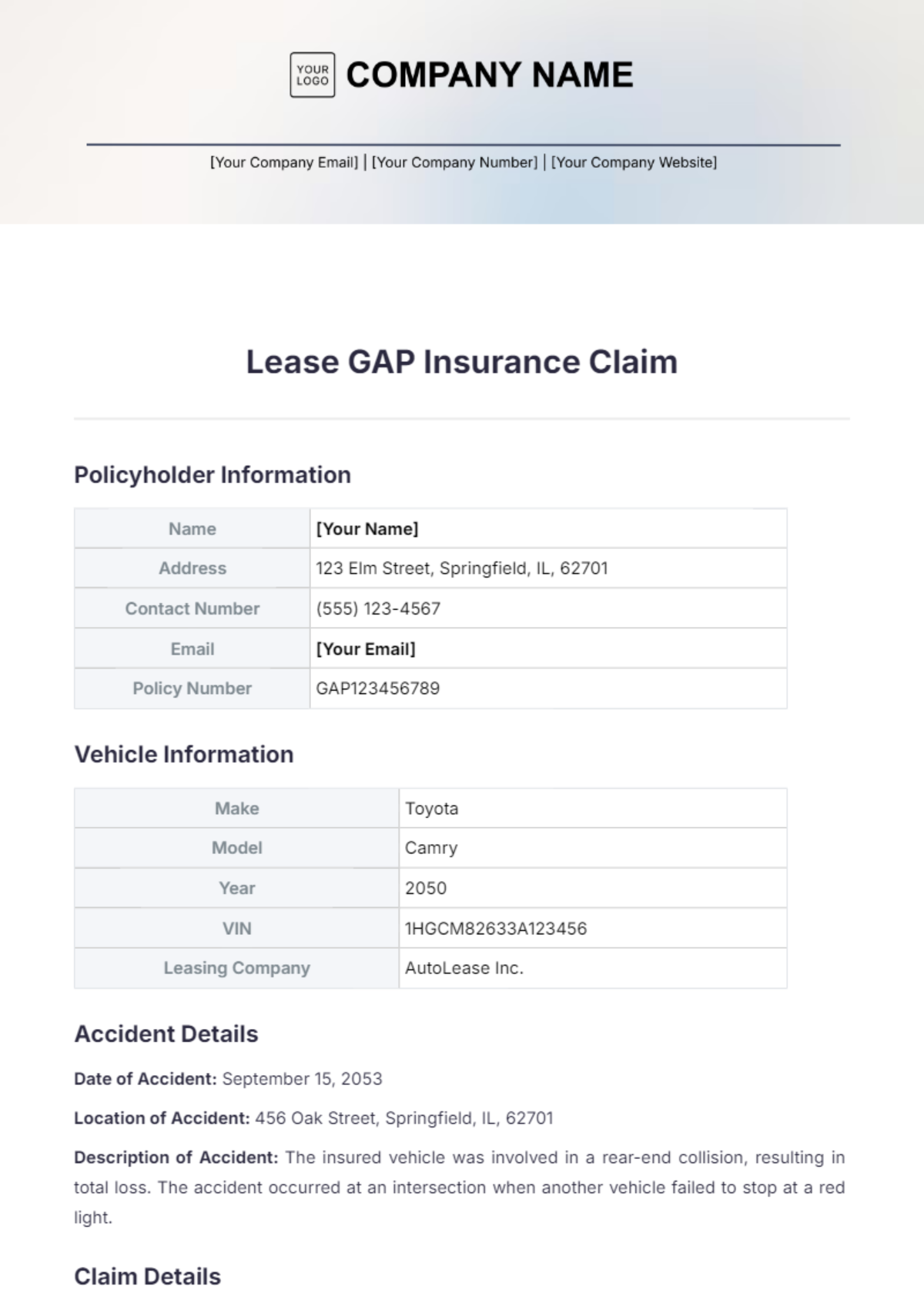 Lease Gap Insurance Claim Template - Edit Online & Download