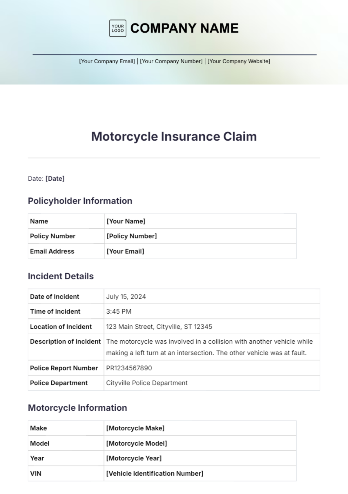 Motorcycle Insurance Claim Template - Edit Online & Download