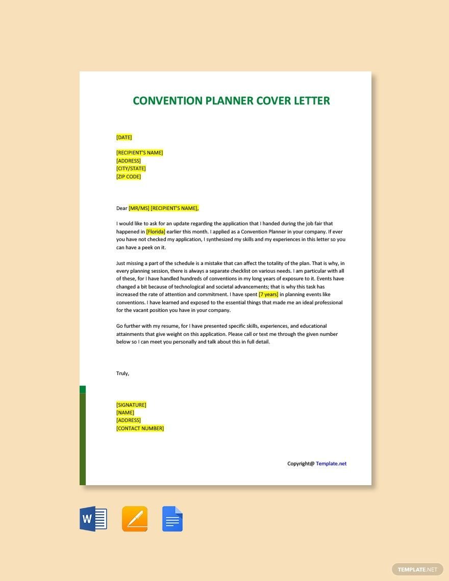 Convention Planner Cover Letter in Word, Google Docs, PDF, Apple Pages