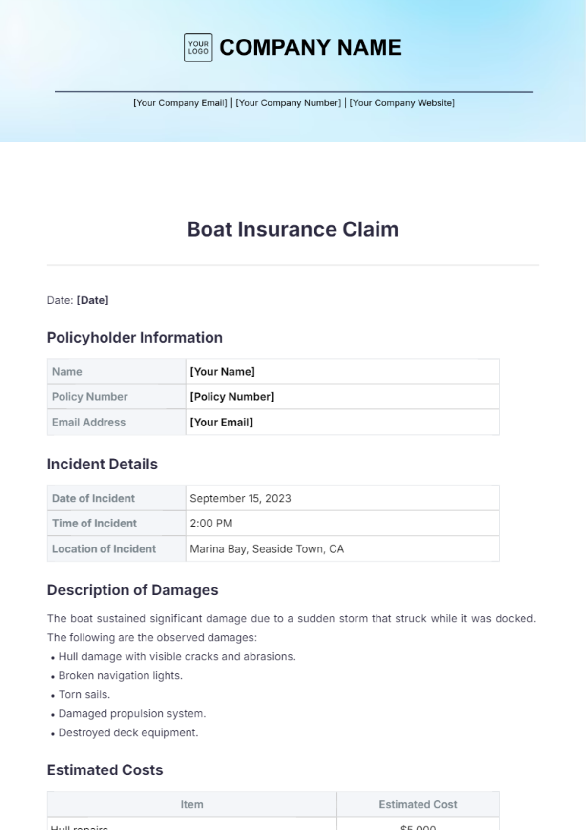 Boat Insurance Claim Template - Edit Online & Download