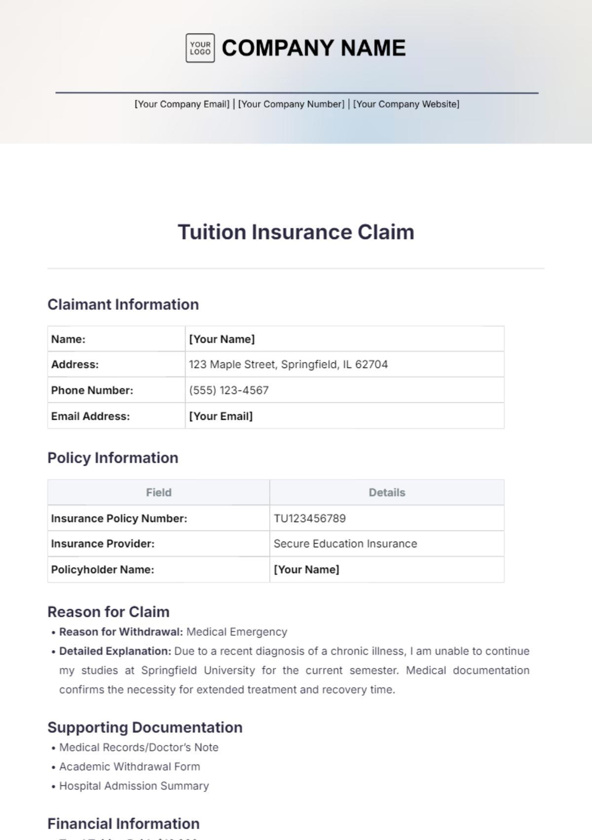 Tuition Insurance Claim Template - Edit Online & Download