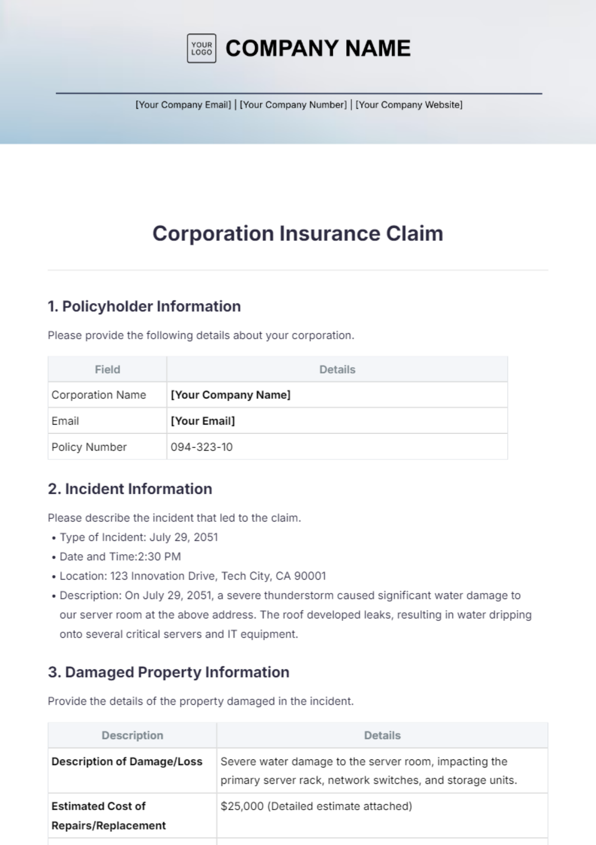 Corporation Insurance Claim Template - Edit Online & Download