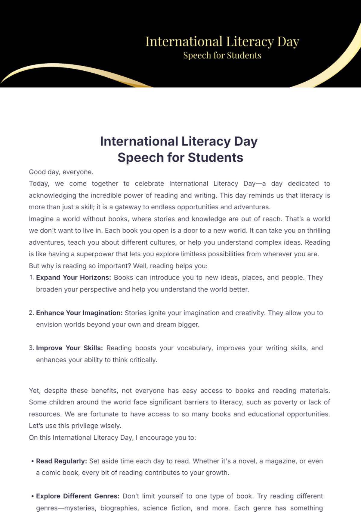 International Literacy Day Speech for Students - Edit Online & Download