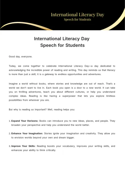 Free International Literacy Day Speech for Students to Edit Online