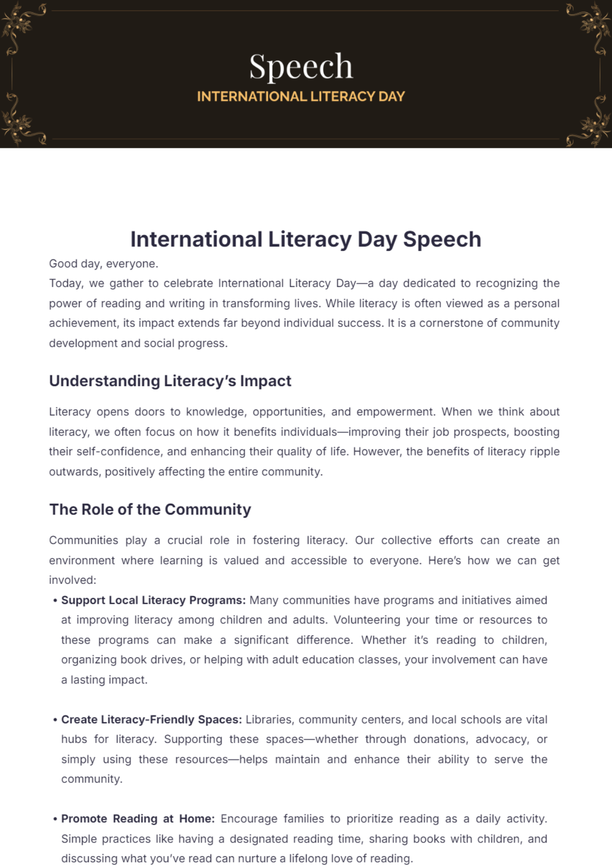 International Literacy Day Speech Template - Edit Online & Download