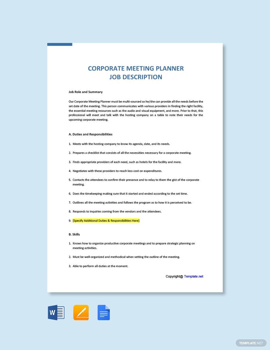 Corporate Meeting Planner Job AD/Description Template