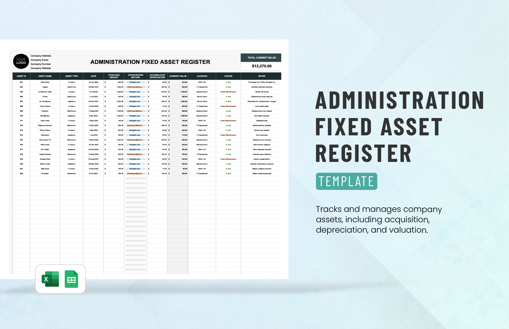 Administration Fixed Asset Register Template in Excel, Google Sheets