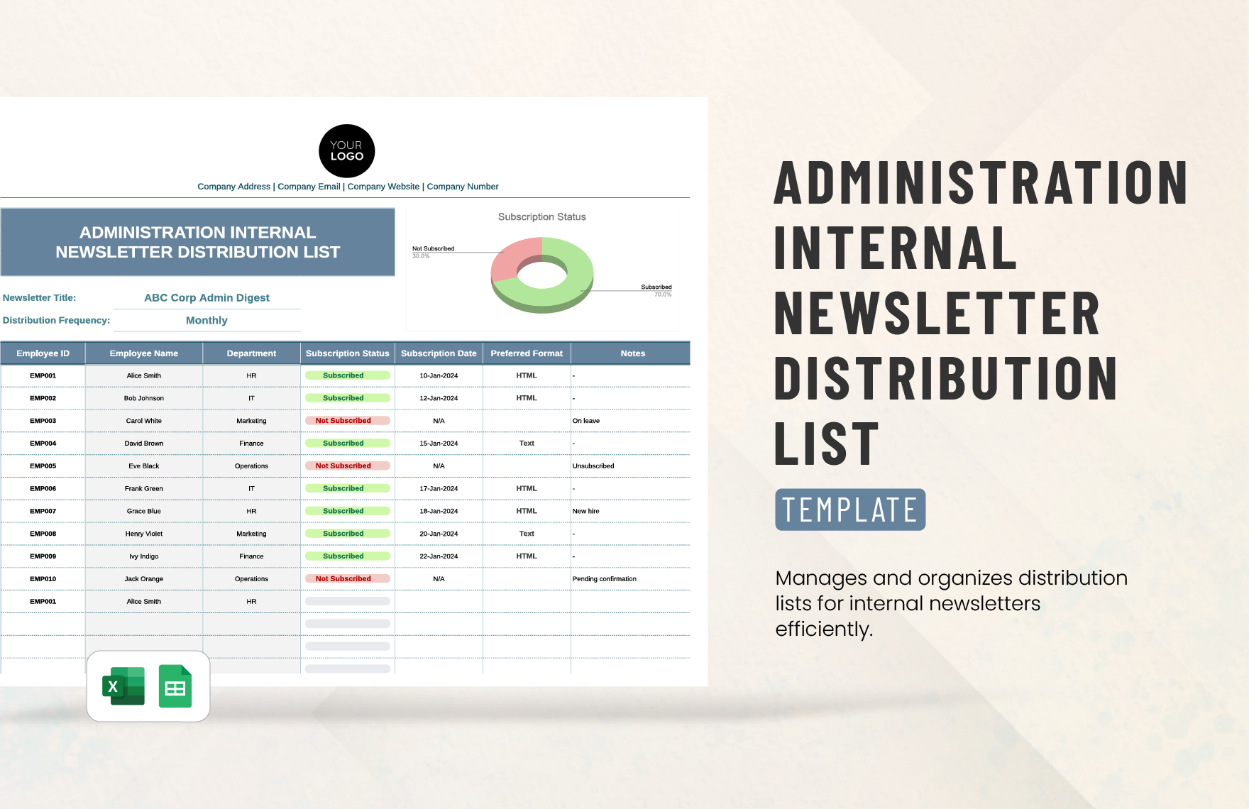 Administration Internal Newsletter Distribution List Template in Excel, Google Sheets