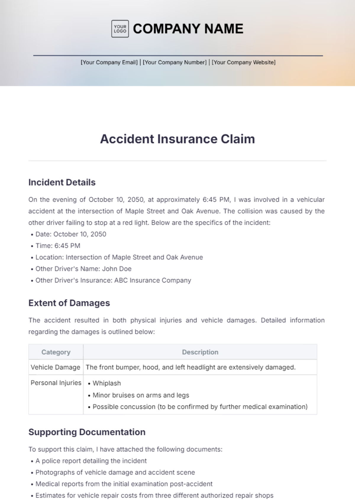 Accident Insurance Claim Template - Edit Online & Download