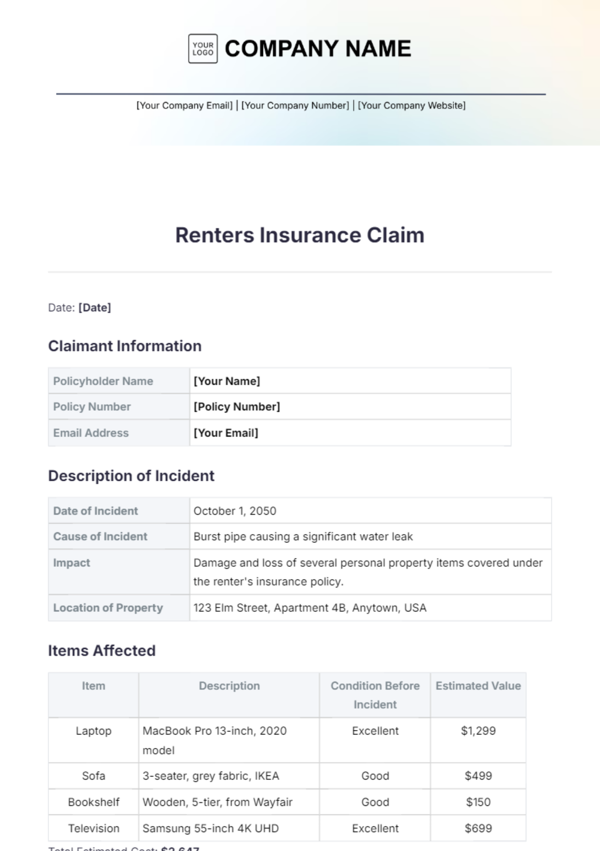 Renters Insurance Claim Template - Edit Online & Download