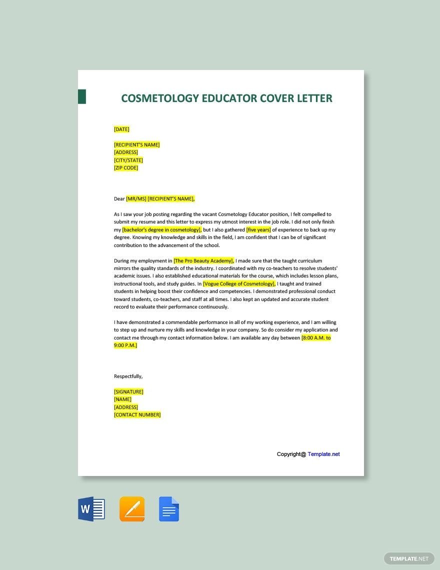 Free Cosmetology Educator Cover Letter Template